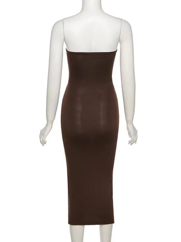 New women's one-shoulder sexy hollow high-slit tube top dress