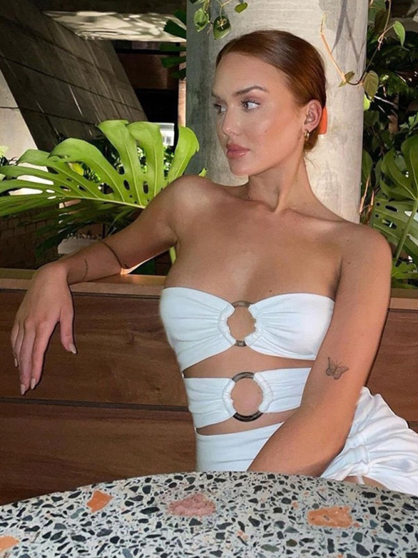 New women's one-shoulder sexy hollow high-slit tube top dress