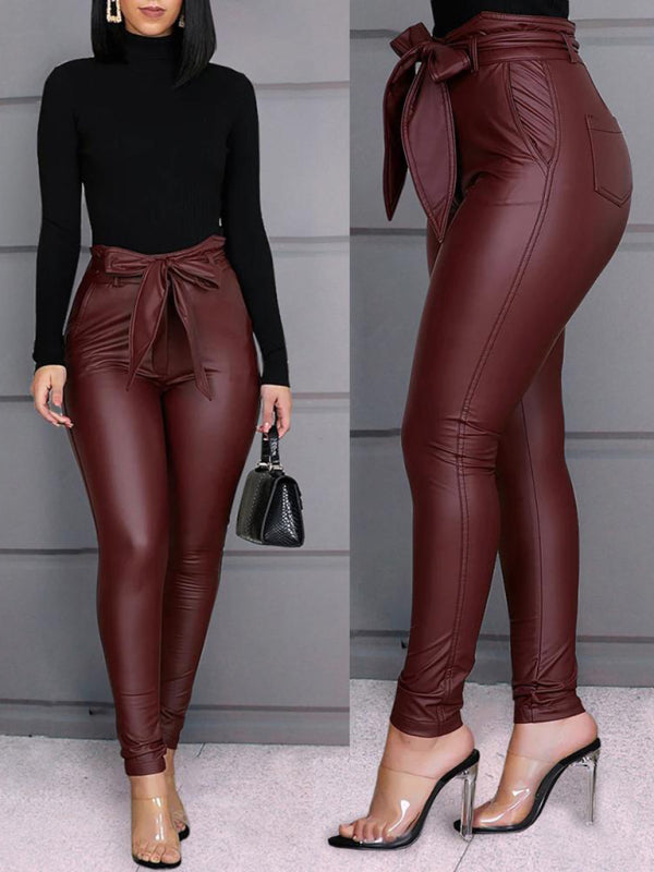 Ladies Fashion Casual Pants Faux Leather Pants (with Belt)
