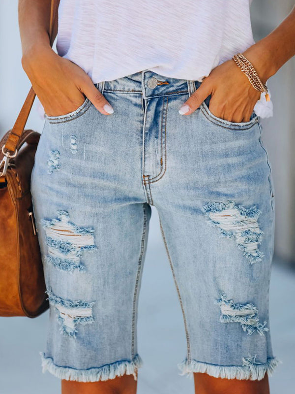 Street fringe high elastic pencil pants mid-rise cropped pants ripped jeans