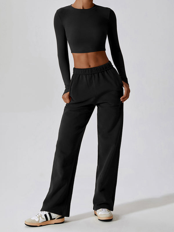 Women's waisted and velvet warm loose straight wide-leg pants outdoor casual sports pants