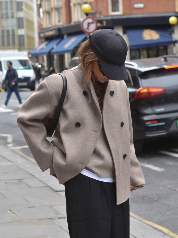 New Retro Brown Woolen Jacket Women's V-neck Commuting Warm Outerwear