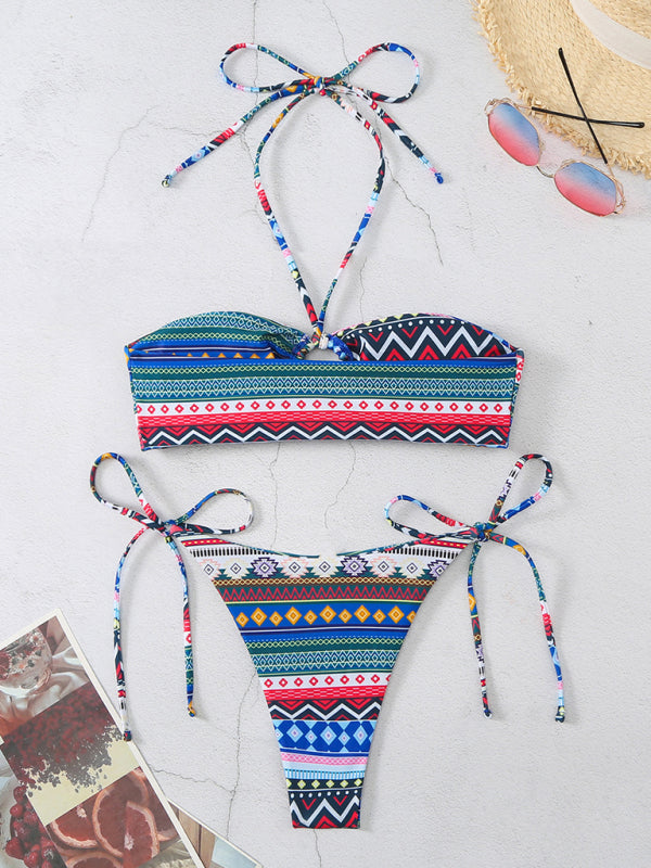 New style halterneck lace-up adjustable briefs printed multi-color split bikini