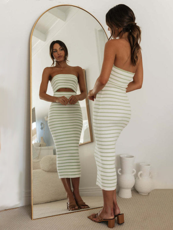 Women's one-shoulder sexy tube top striped knitted slim fit hip-hugging dress