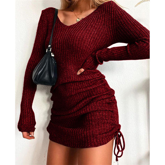 V-neck long-sleeved slim skirt with pleated drawstring bottoming dress