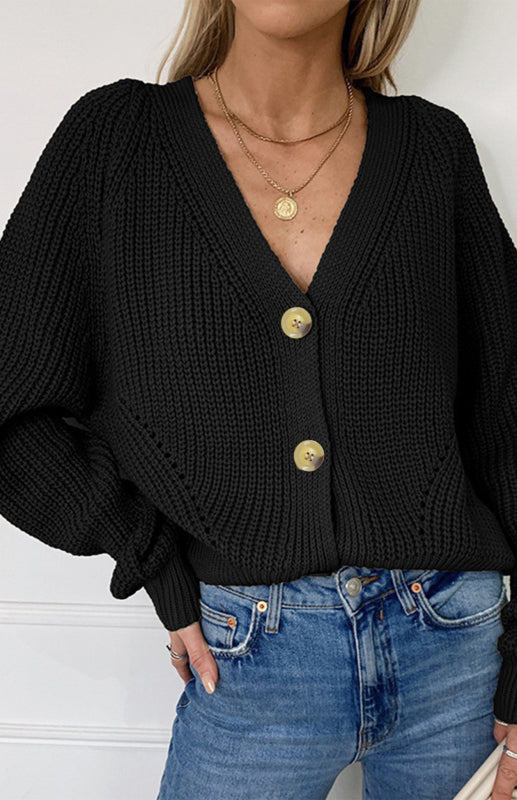Solid V-Neck Lantern Sleeve Button Knit Cardigan