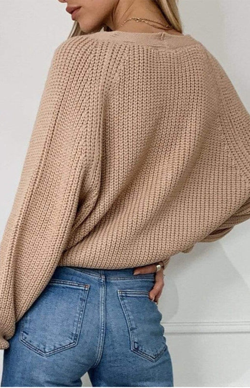 Solid V-Neck Lantern Sleeve Button Knit Cardigan