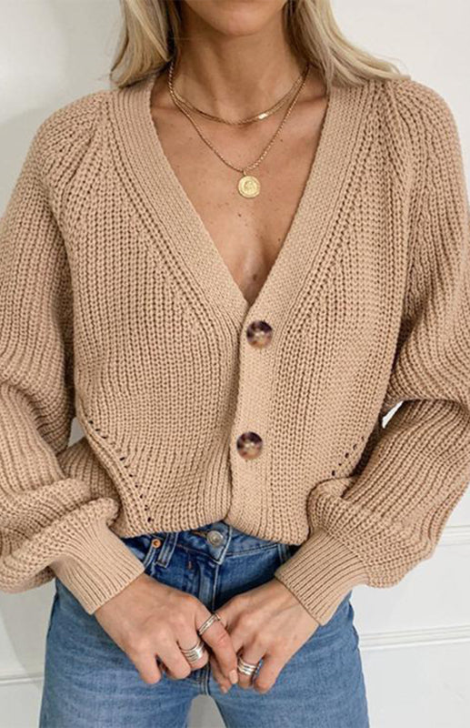 Solid V-Neck Lantern Sleeve Button Knit Cardigan