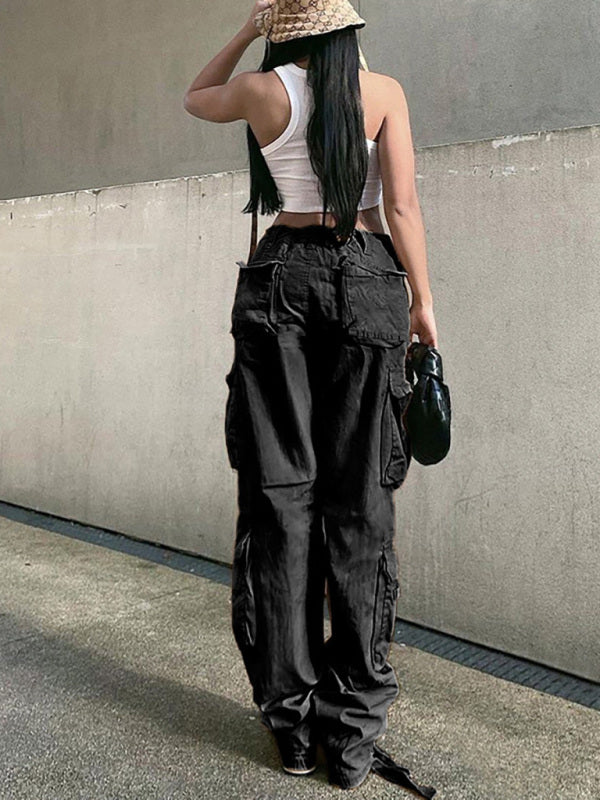 Women's Straight High Waist Loose Wide Leg Retro Daddy Cargo Pants