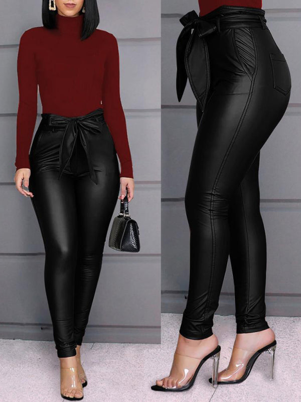 Ladies Fashion Casual Pants Faux Leather Pants (with Belt)