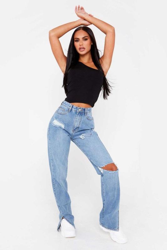 Women's Highly Desirable Ripped High Waist Ankle Slits Straight Leg Jeans