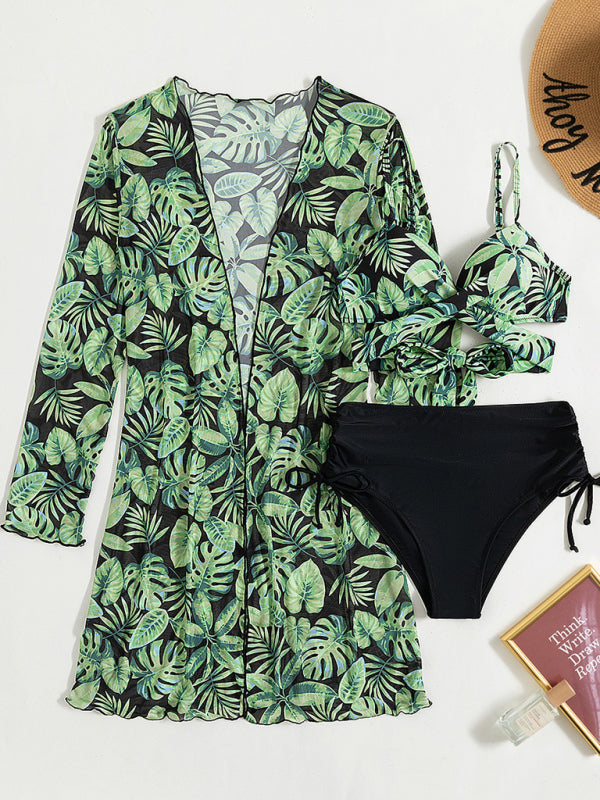 Women's tropical print bikini three-piece sets
