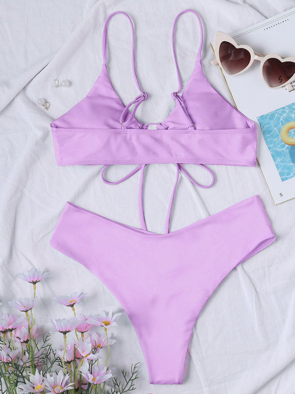 Women's Solid Color Textured Underwire Bikini And Button Set