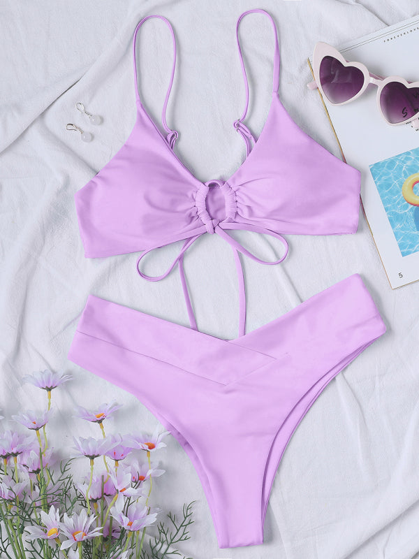 Women's Solid Color Textured Underwire Bikini And Button Set