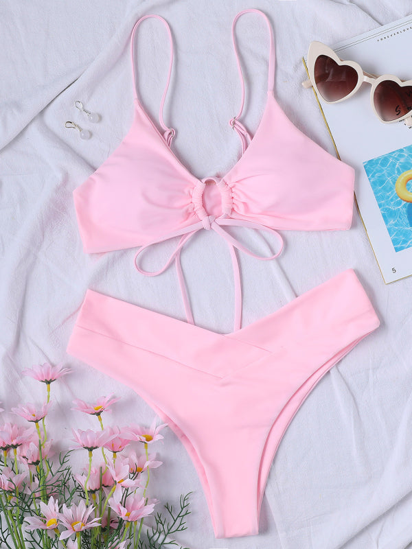 Women's Solid Color Textured Underwire Bikini And Button Set
