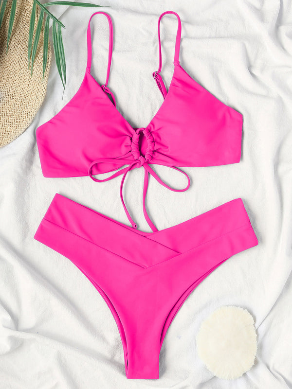 Women's Solid Color Textured Underwire Bikini And Button Set