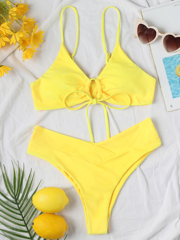 Women's Solid Color Textured Underwire Bikini And Button Set