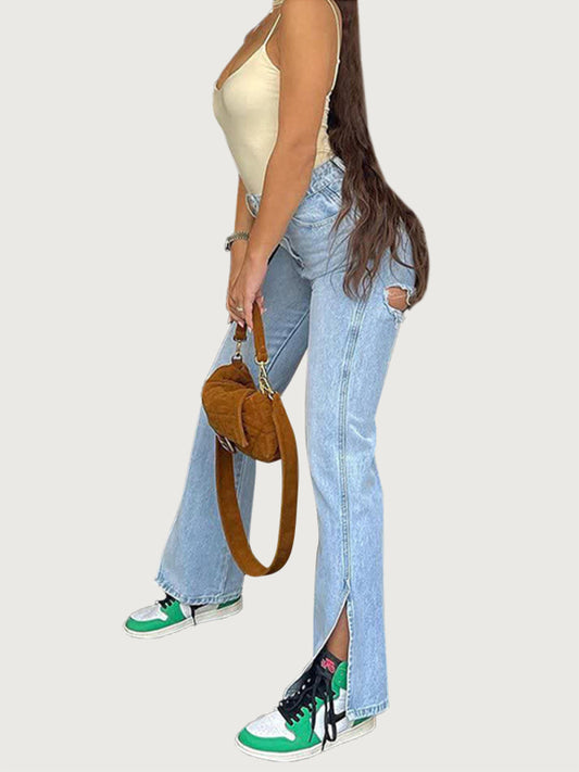 Women's Slit Hem Rip High Waist Jeans