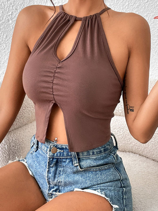 Women’s Solid Color Crop Keyhole Cutout Top