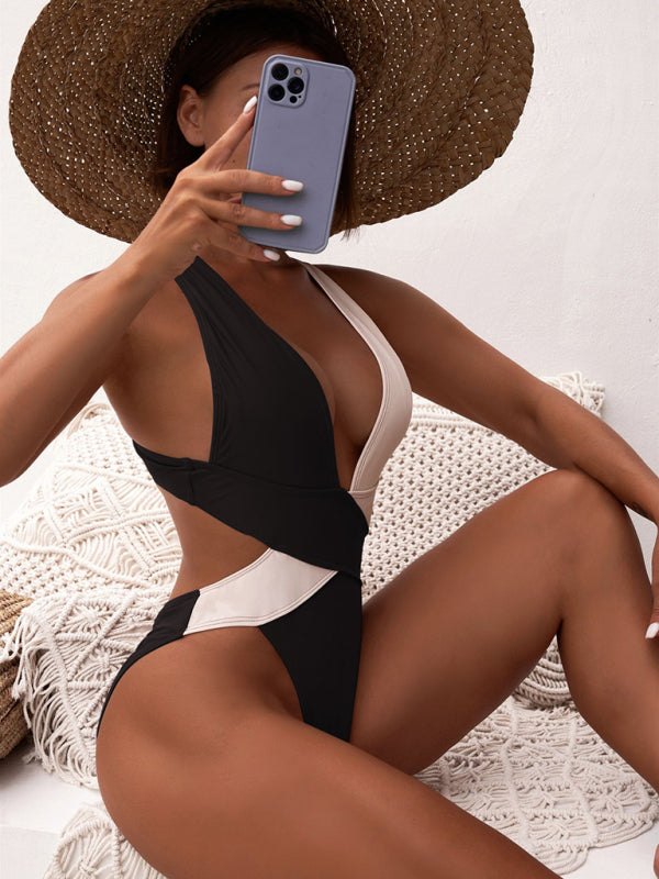 Women's Bi-Color Plunge One-Piece Swimming Suit
