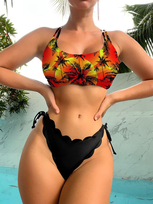 Women's Coconut Tree Print Laser Cut Bikini Top With Matching Flower Petals Pattern Bottom Split Bikini Set