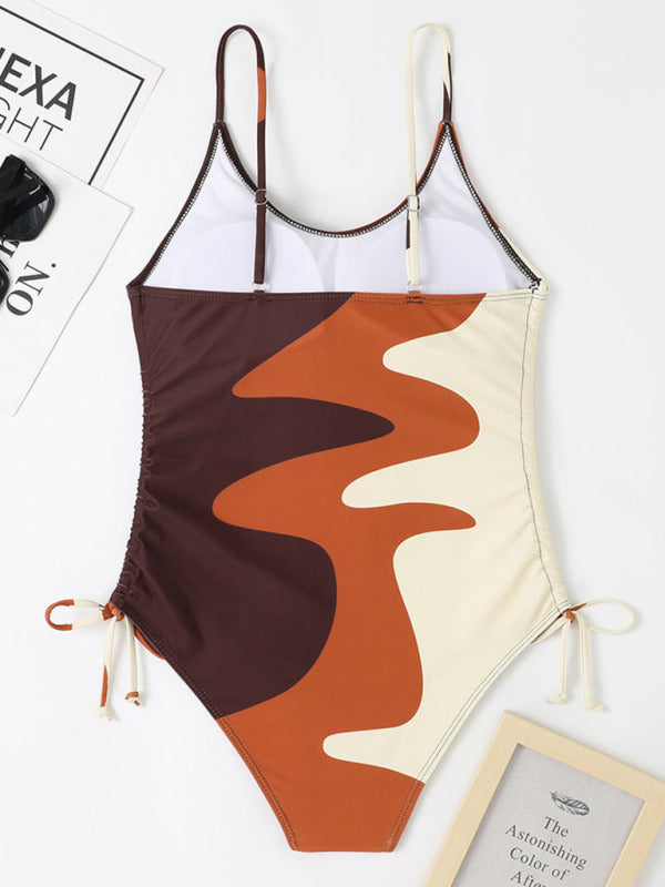 Women's Colorblock Drawstring One-Piece Swimsuit
