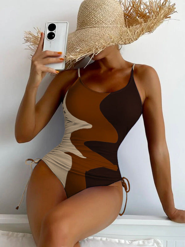 Women's Colorblock Drawstring One-Piece Swimsuit