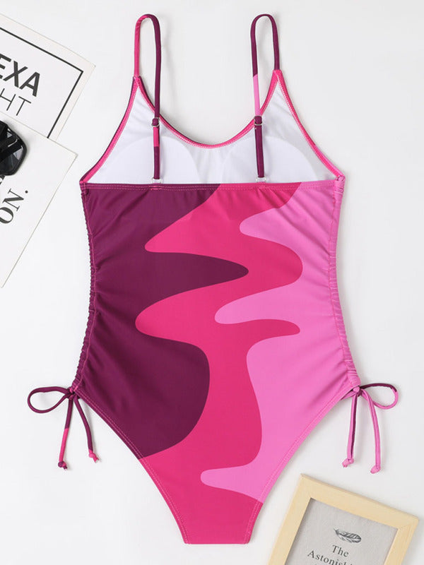 Women's Colorblock Drawstring One-Piece Swimsuit