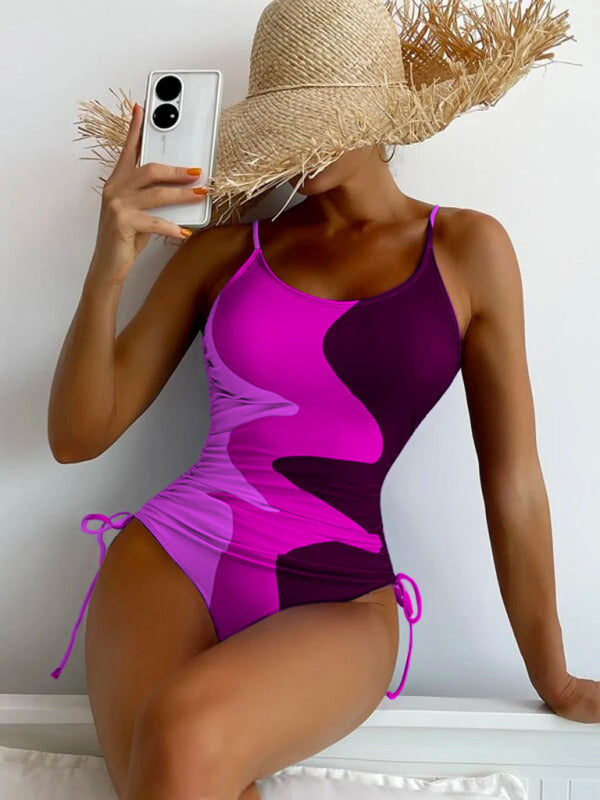 Women's Colorblock Drawstring One-Piece Swimsuit