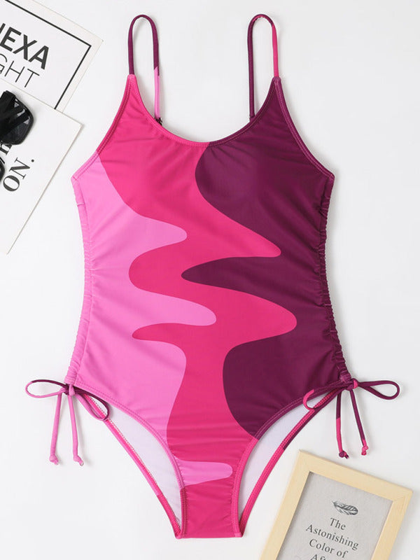 Women's Colorblock Drawstring One-Piece Swimsuit