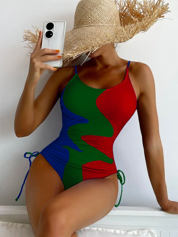 Women's Colorblock Drawstring One-Piece Swimsuit