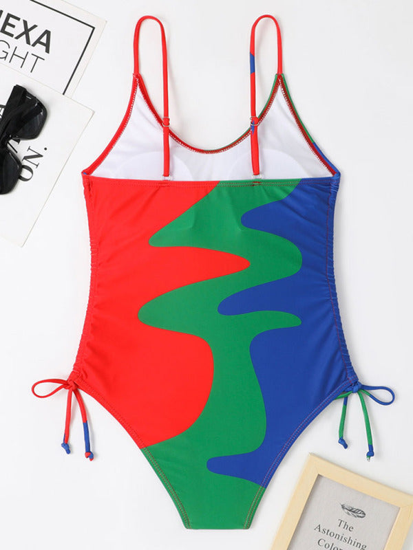Women's Colorblock Drawstring One-Piece Swimsuit