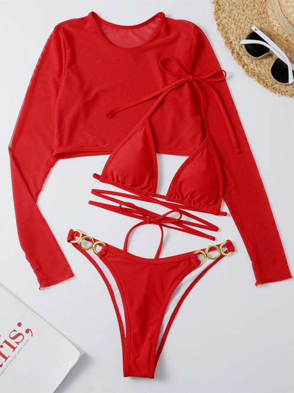 Women's Solid Color High Cut Waist Long Sleeve Cutout Three-Piece Swimsuit
