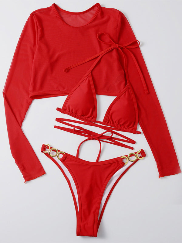 Women's Solid Color High Cut Waist Long Sleeve Cutout Three-Piece Swimsuit