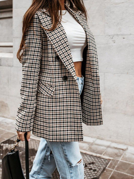New coat button plaid printed small suit women's mid-length coat