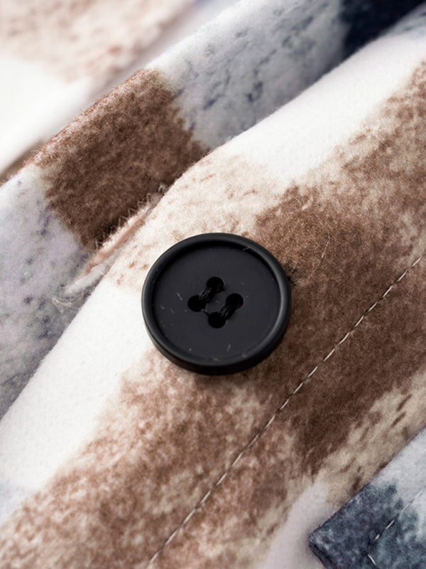 Women's Autumn and Winter Street Plaid Lapel Long Woolen Jacket