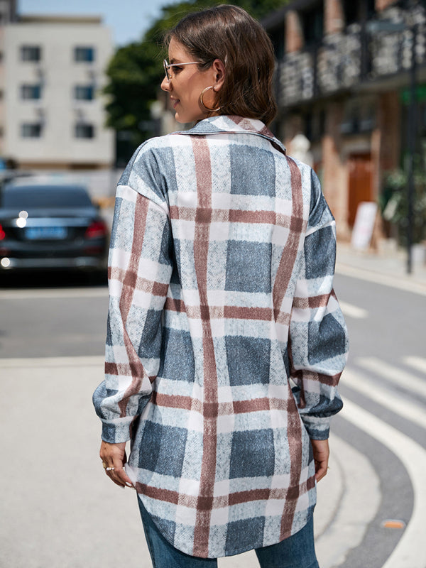 Women's Autumn and Winter Street Plaid Lapel Long Woolen Jacket