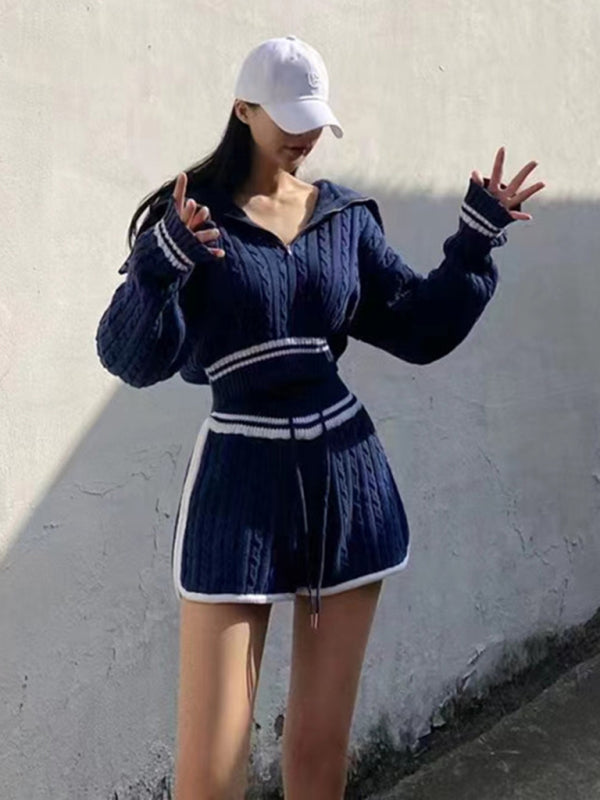 Women's Twist Knit Sweater Large Lapel Short High Waist Drawstring Waist Contrast Color Trim Suit