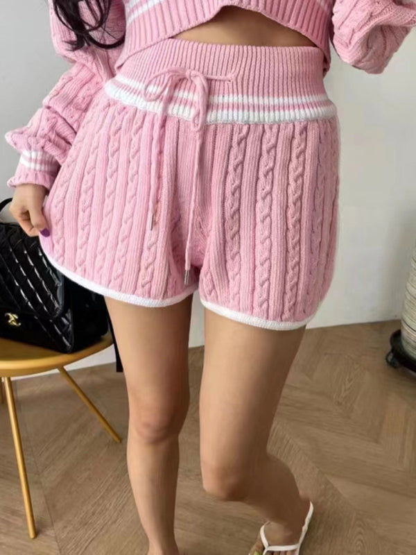 Women's Twist Knit Sweater Large Lapel Short High Waist Drawstring Waist Contrast Color Trim Suit