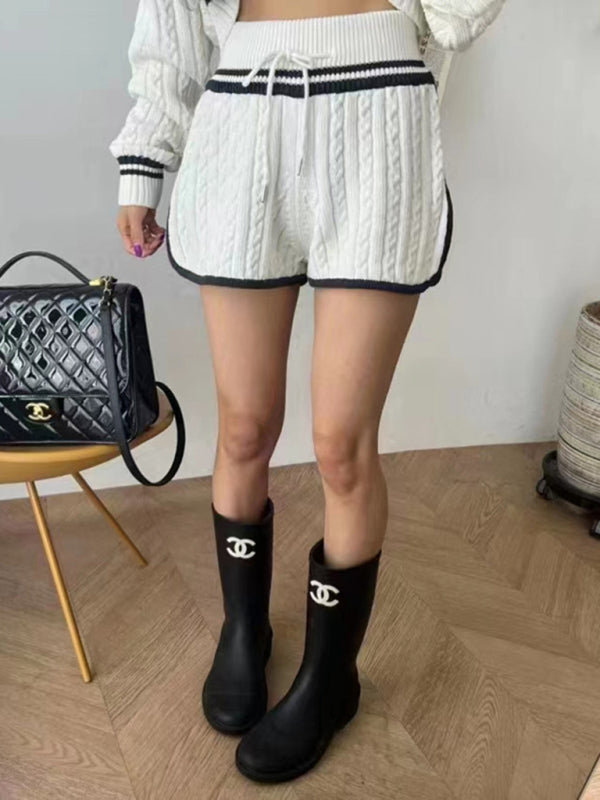 Women's Twist Knit Sweater Large Lapel Short High Waist Drawstring Waist Contrast Color Trim Suit