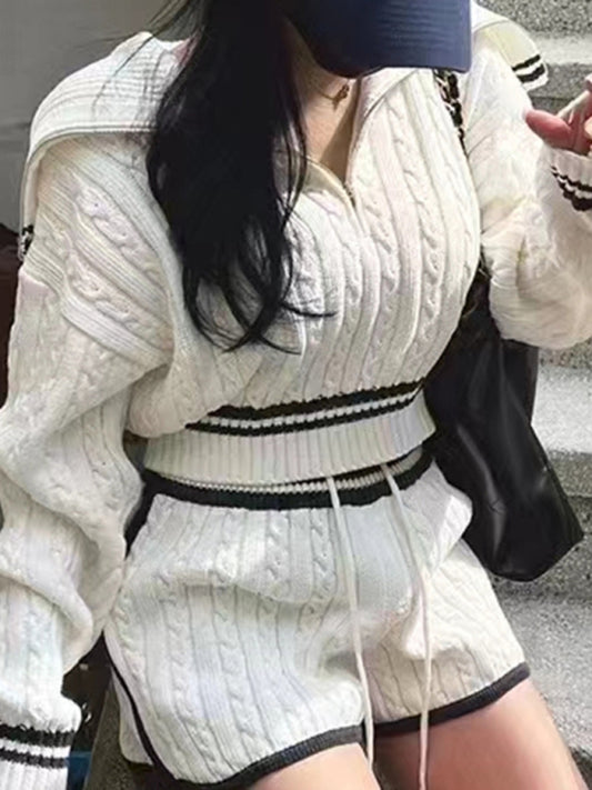 Women's Twist Knit Sweater Large Lapel Short High Waist Drawstring Waist Contrast Color Trim Suit