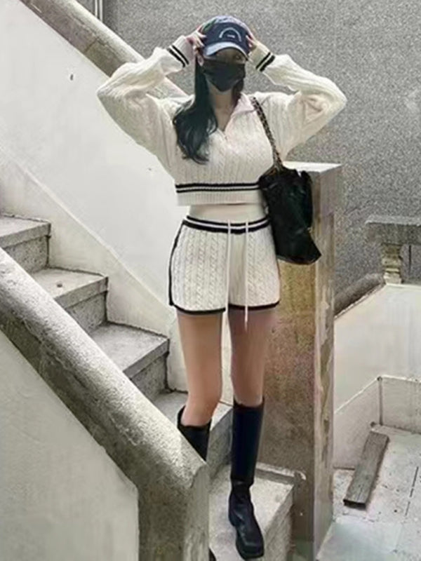 Women's Twist Knit Sweater Large Lapel Short High Waist Drawstring Waist Contrast Color Trim Suit