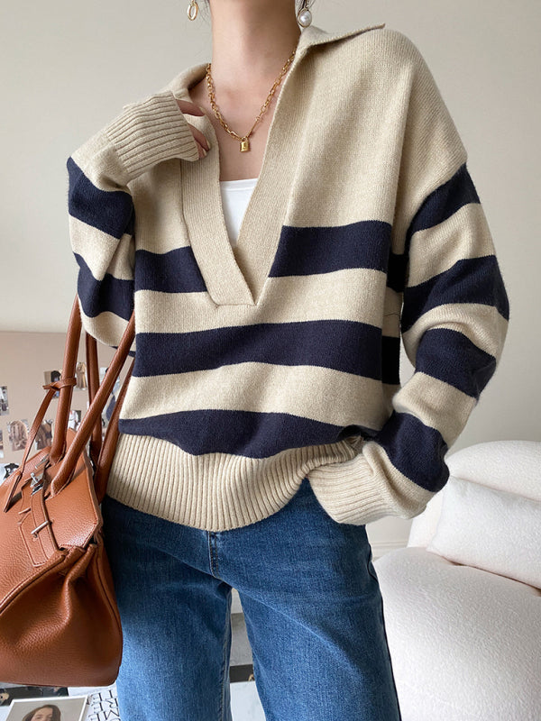 Women's casual polo large v-neck striped sweater
