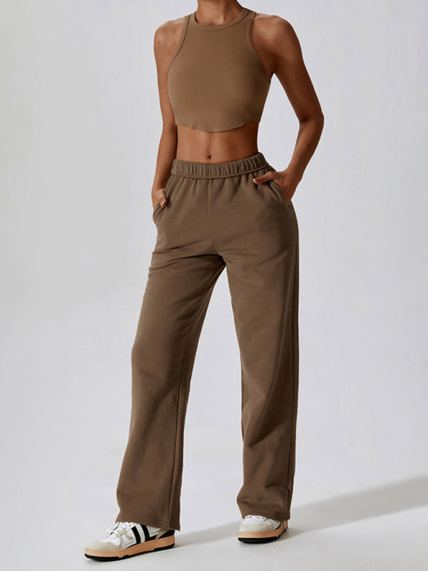 Women's waisted and velvet warm loose straight wide-leg pants outdoor casual sports pants